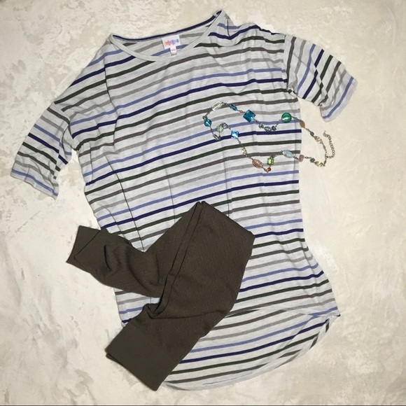 LuLaRoe Neutral Grey Olive Striped Irma Tunic Tee - Picture 5 of 5